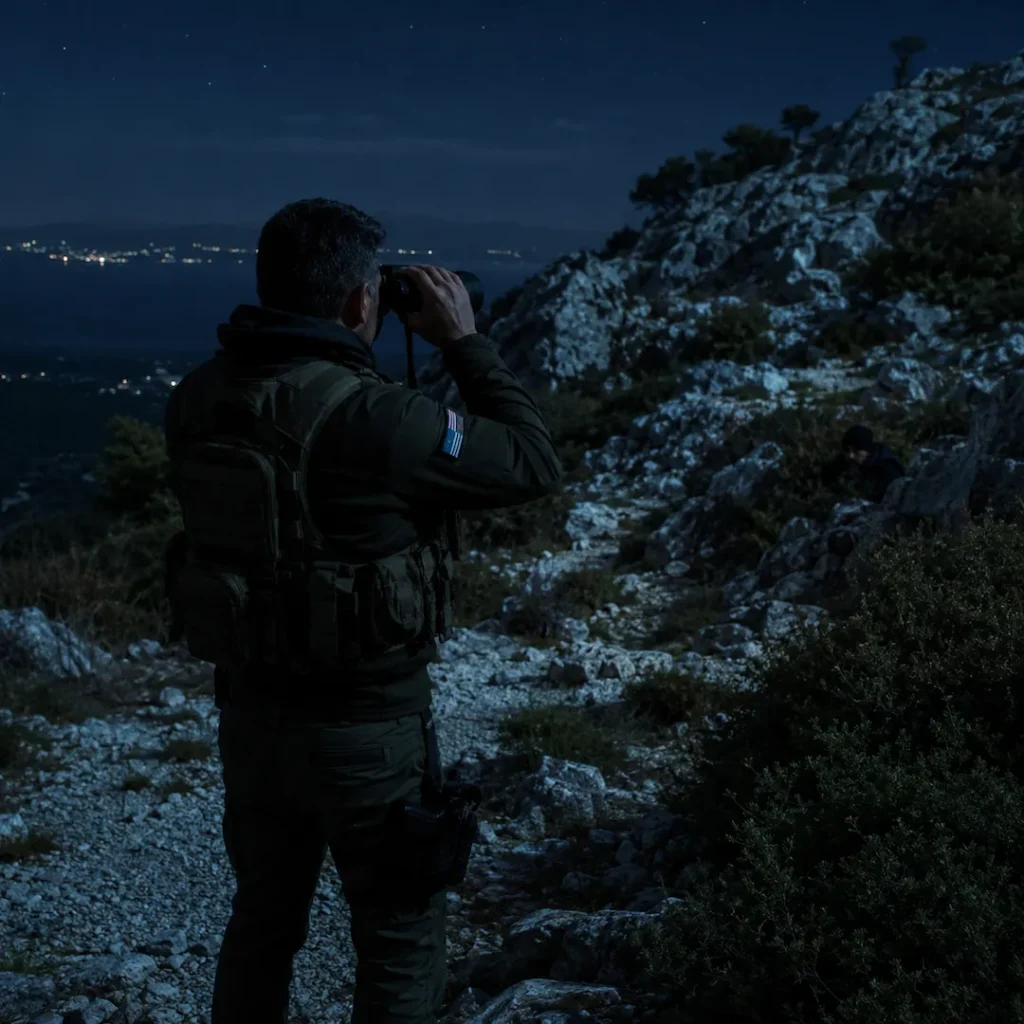Άνδρας εντοπίζει με κιάλια άτομο που κρύβεται σε δύσβατη βραχώδη περιοχή τη νύχτα στην Ελλάδα