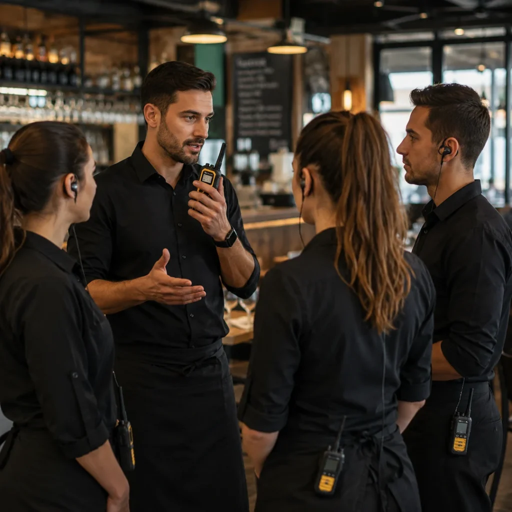 Υπεύθυνος βάρδιας συντονίζει προσωπικό εστιατορίου με πομποδέκτη για άμεση ενδοεπικοινωνία