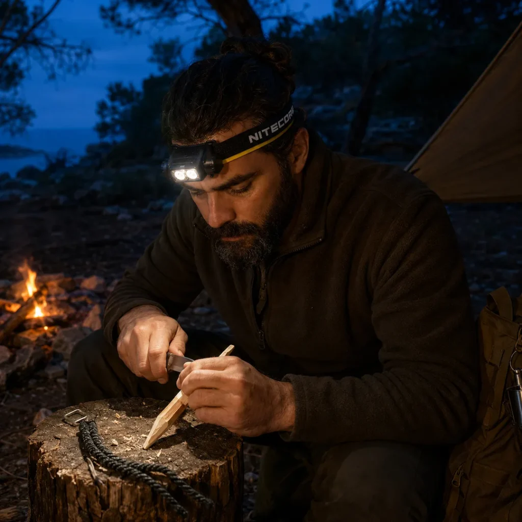 Φίλος του bushcraft σκαλίζει ξύλο τη νύχτα φορώντας φακό κεφαλής Nitecore.
