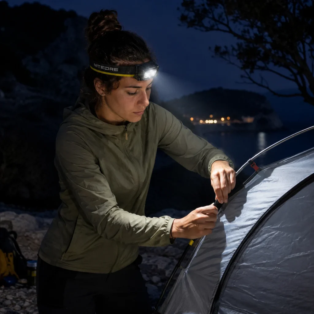 Camper στήνει σκηνή τη νύχτα χρησιμοποιώντας φακό κεφαλής Nitecore για hands-free