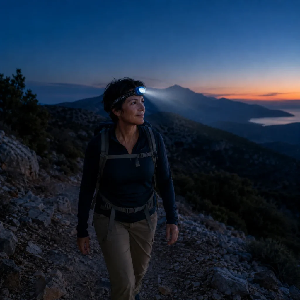 Γυναίκα με φακό κεφαλής σε πεζοπορία πριν την ανατολή του ήλιου