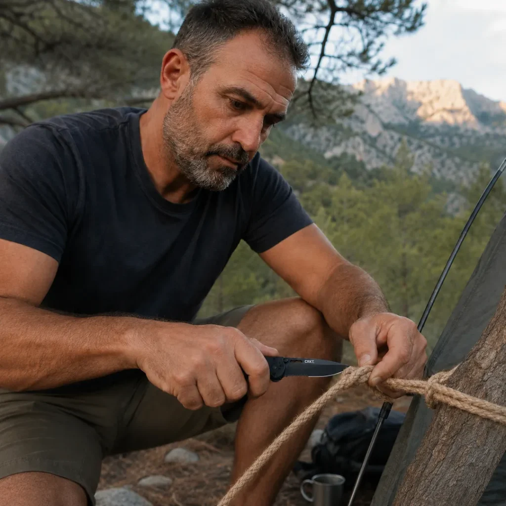 Camper κόβει χοντρό σχοινί με σουγιά CRKT δίπλα στη σκηνή του.