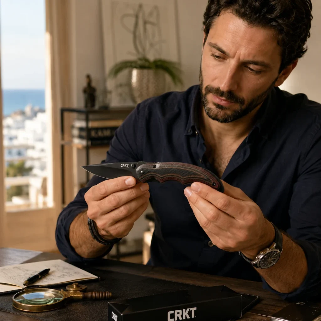  Knife enthusiast εξετάζει τον μηχανισμό και το φινίρισμα ενός designer σουγιά CRKT.