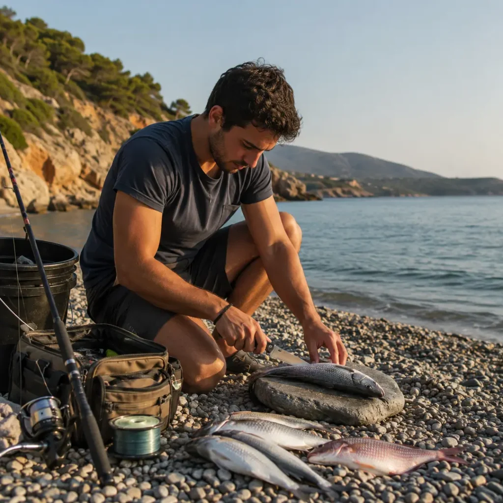 Ψαράς χρησιμοποιεί σουγιά CRKT για να καθαρίσει την ψαριά του σε ελληνική ακτή.
