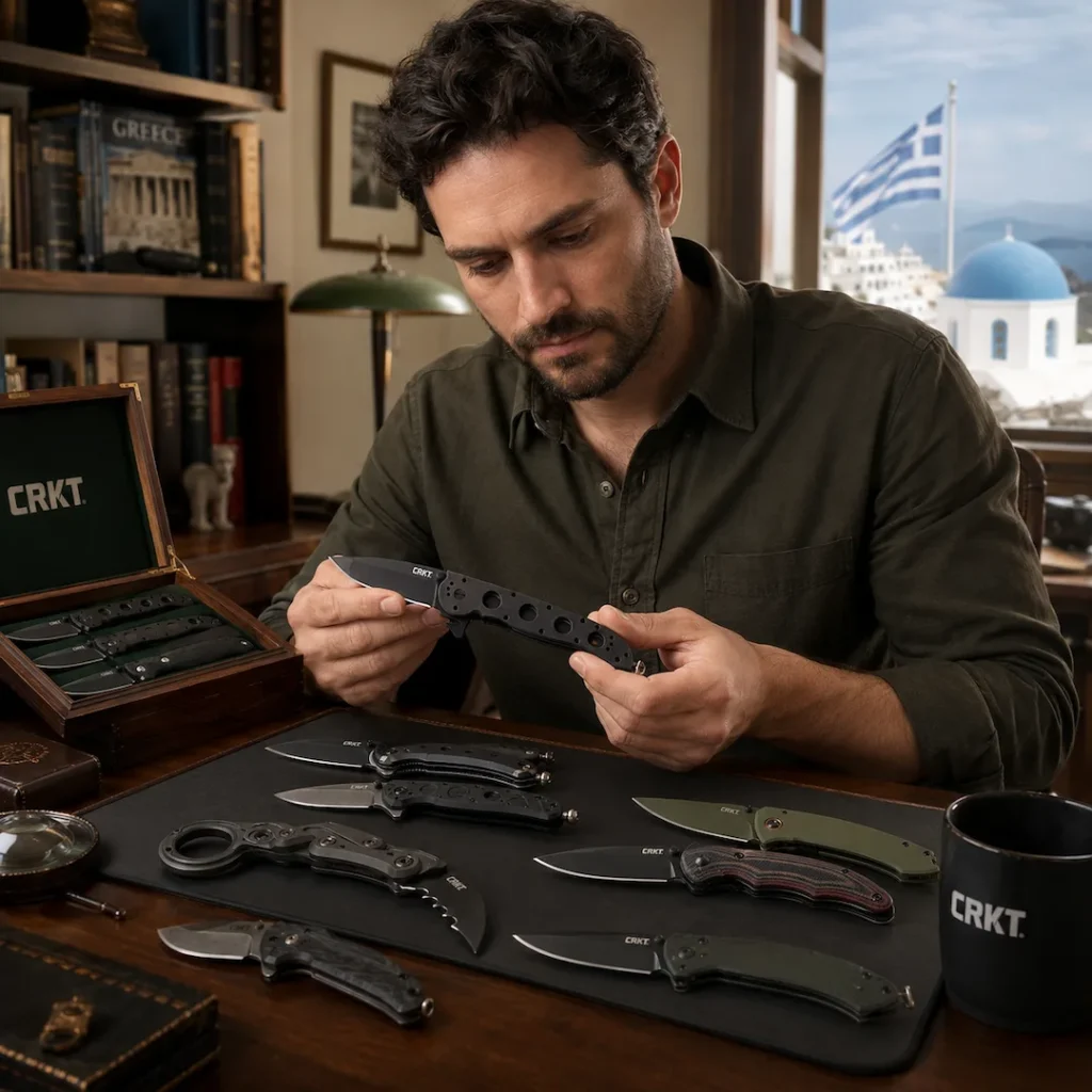 Συλλέκτης εξετάζει designer σουγιά CRKT μπροστά από συλλογή premium σουγιάδων τσέπης.