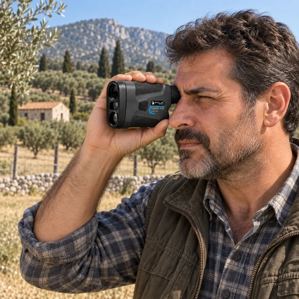 Αγρότης χρησιμοποιεί αποστασιόμετρο laser για τη μέτρηση απόστασης σε μεγάλη αγροτική έκταση.