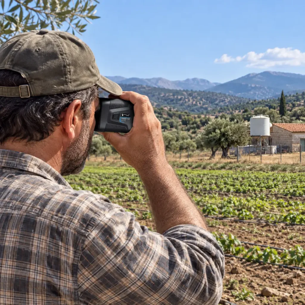 Αγρότης χρησιμοποιεί αποστασιόμετρο λέιζερ για να μετρήσει την απόσταση μέχρι αγροτική δεξαμενή.