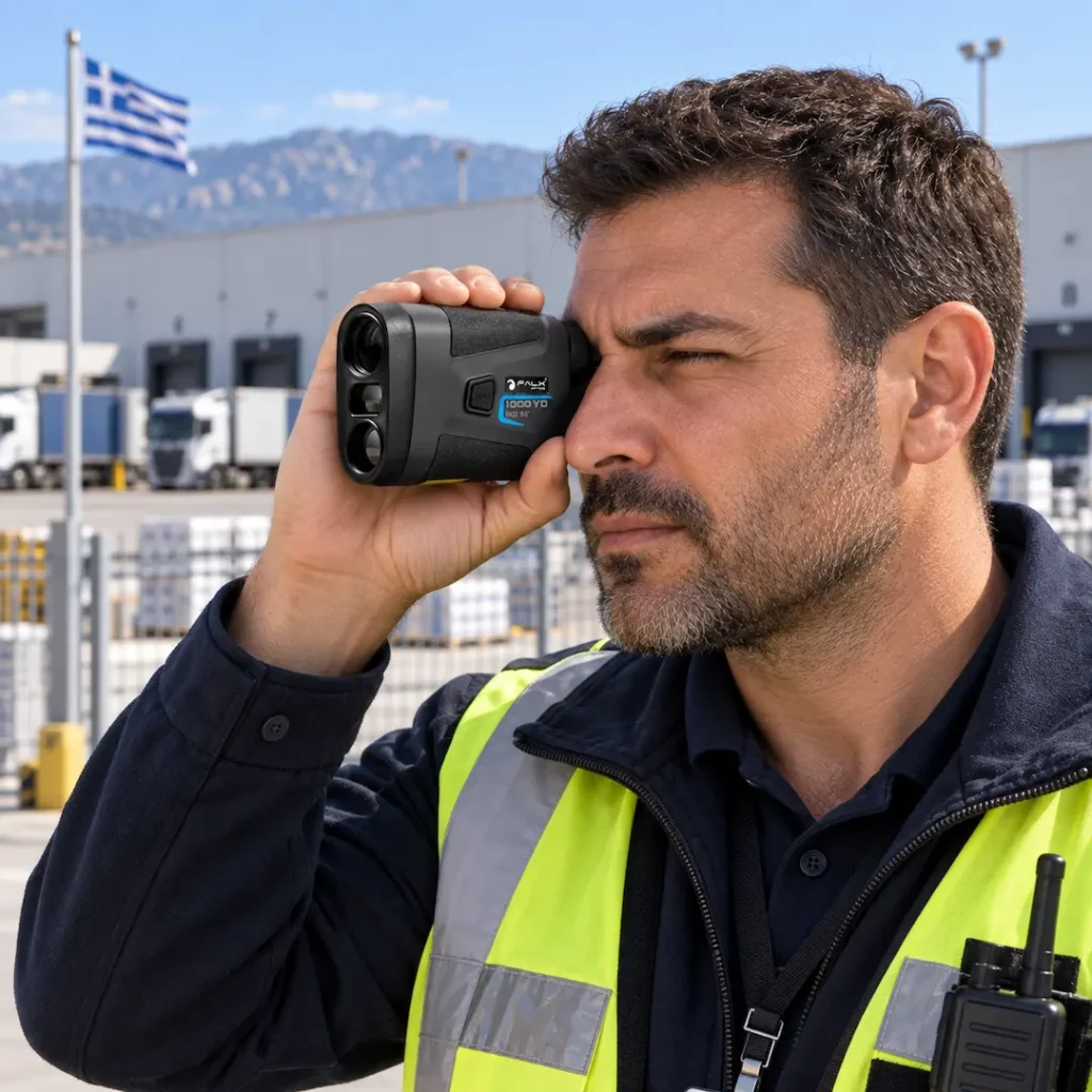 Επαγγελματίας φύλαξης μετρά την απόσταση σε μεγάλο εξωτερικό χώρο με αποστασιόμετρο FALX Optics.