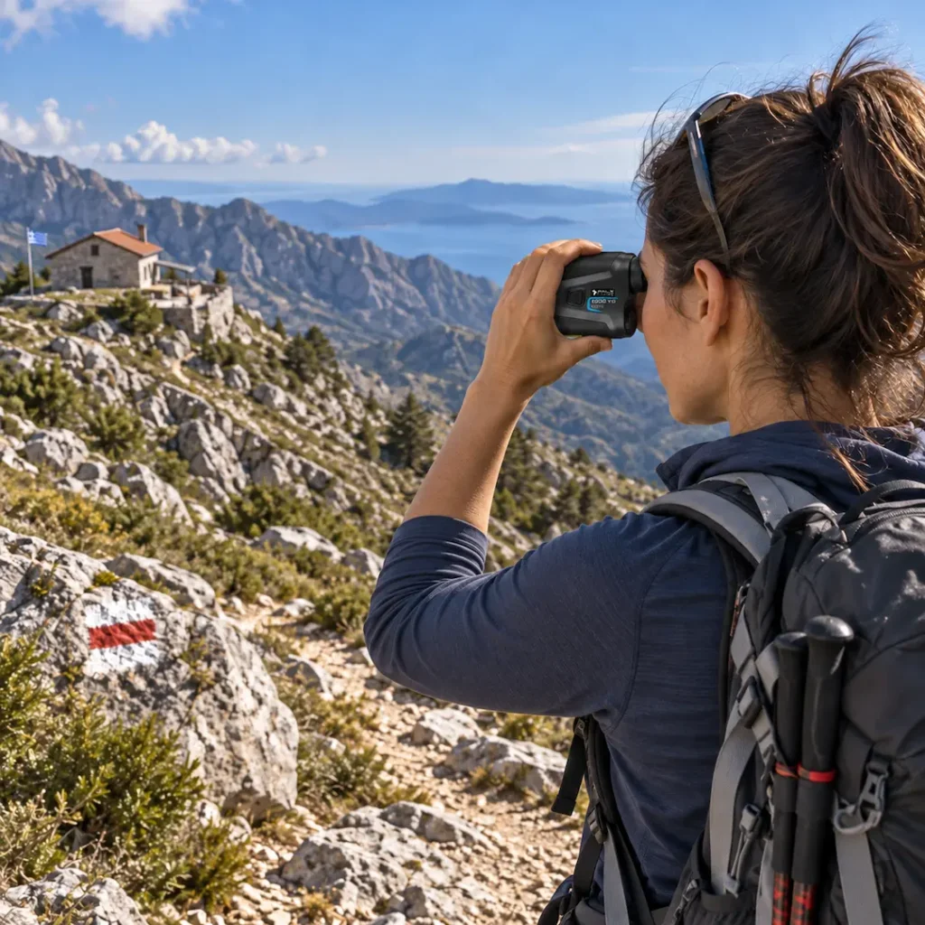 Γυναίκα οδηγός υπαίθριων δραστηριοτήτων μετρά μακρινό στόχο με οπτικό αποστασιόμετρο.