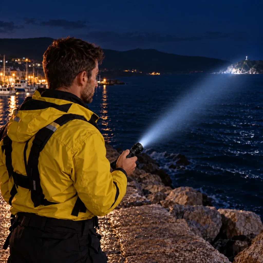 Διασώστης χρησιμοποιεί φακό LED μεγάλης εμβέλειας NITECORE P40 για νυχτερινό έλεγχο θαλάσσιου χώρου.