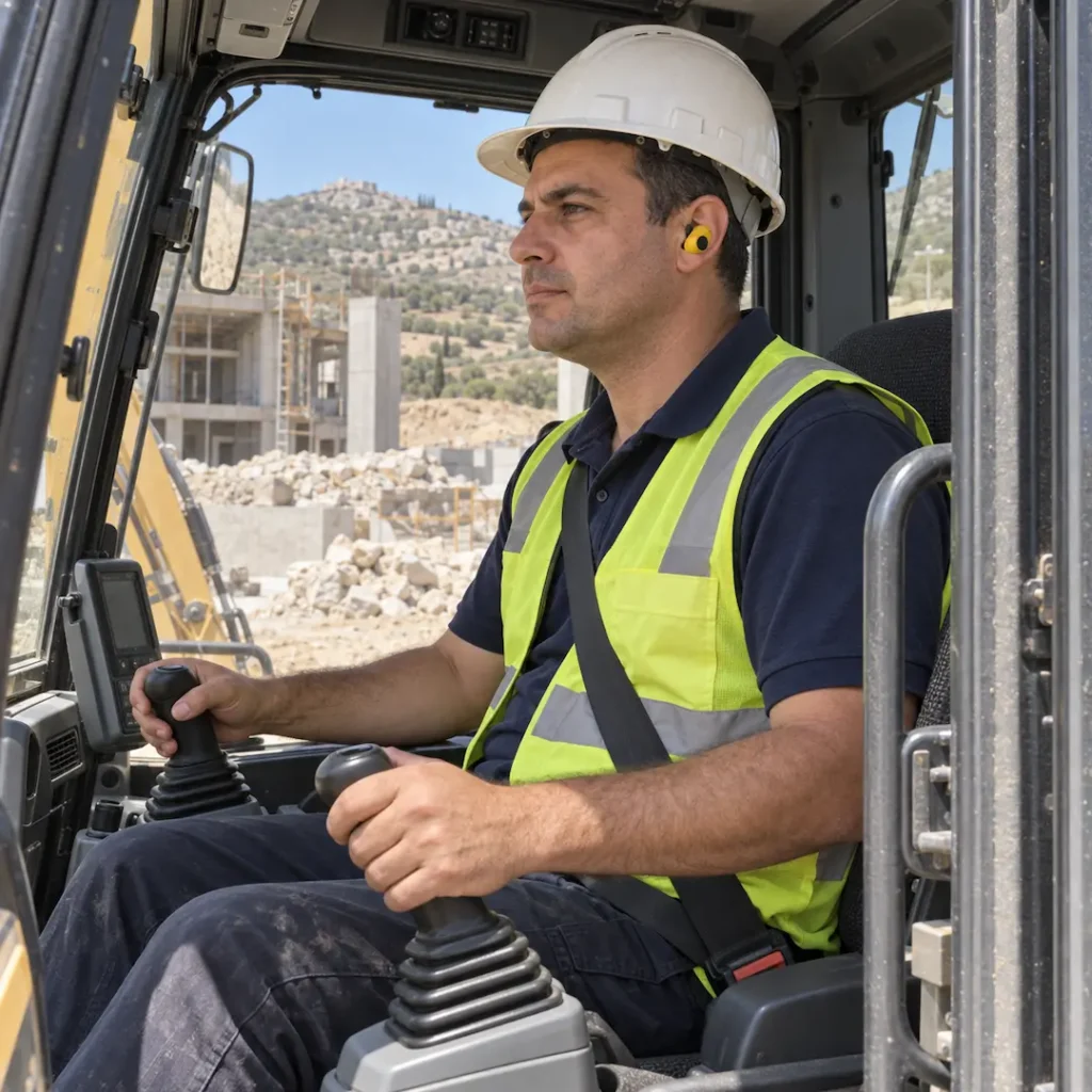 Χειριστής με κίτρινες ηλεκτρονικές ωτοασπίδες και κράνος κρατά τα χειριστήρια μηχανήματος μέσα στην καμπίνα.