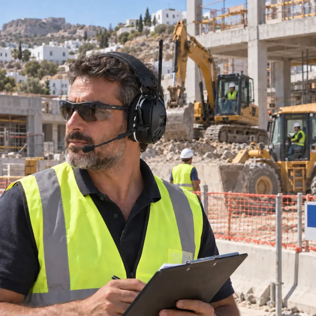 Εργοδηγός φορά ηλεκτρονικές ωτοασπίδες με μικρόφωνο, ενώ χειριστές εργάζονται σε εργοτάξιο.